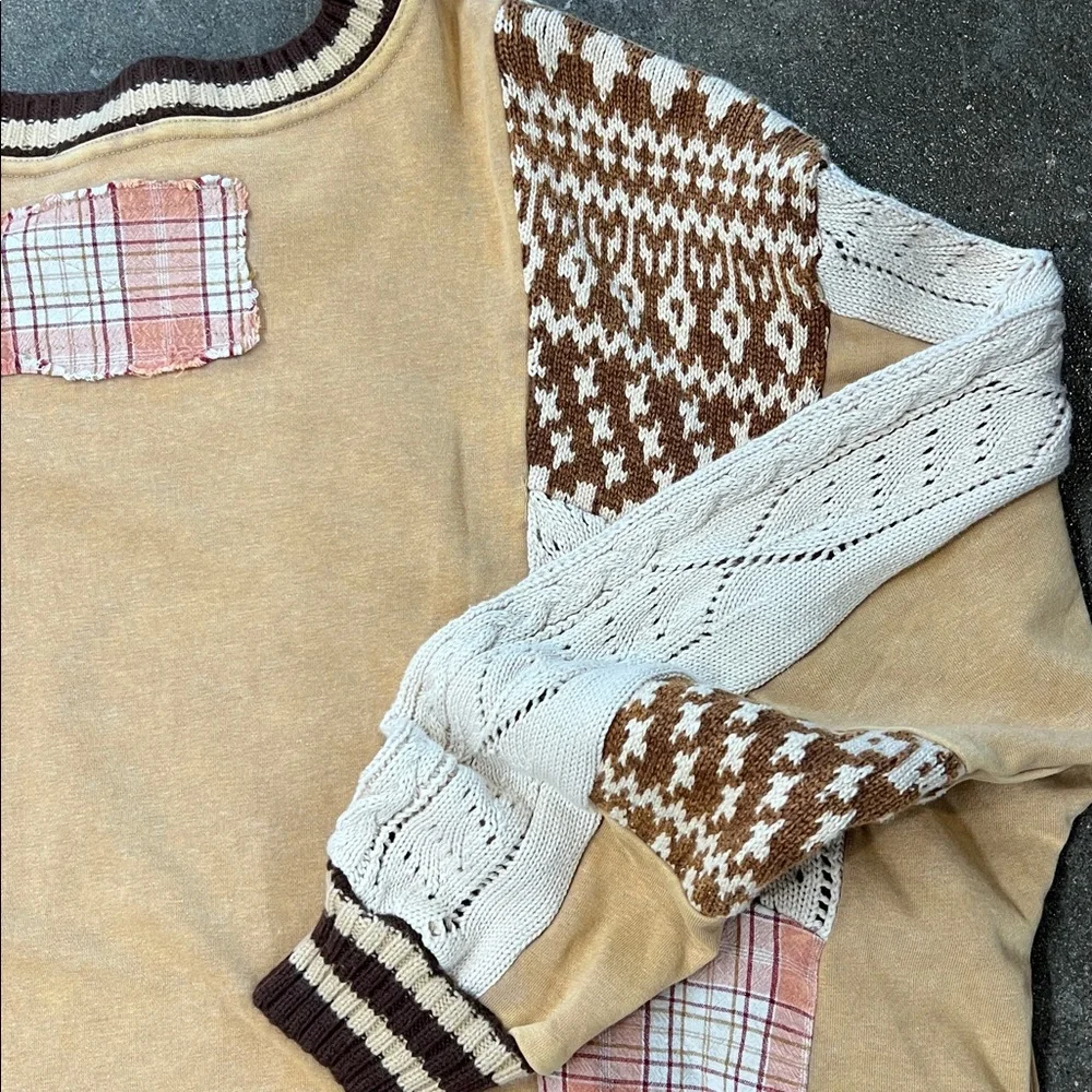 Oli & Hali Patchwork Beige Cream and Brown Knit Pullover